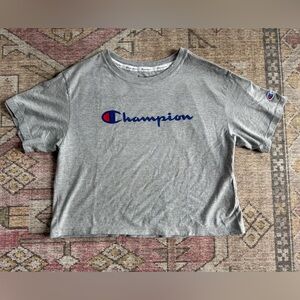 Champion Heather Gray Cropped Tee with Blue Logo